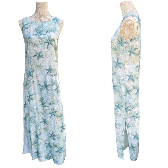 Vtg Sleeveless Maxi Dress Size S Small Square Neck Pocket Starfish Print Rayon - Picture 2 of 16